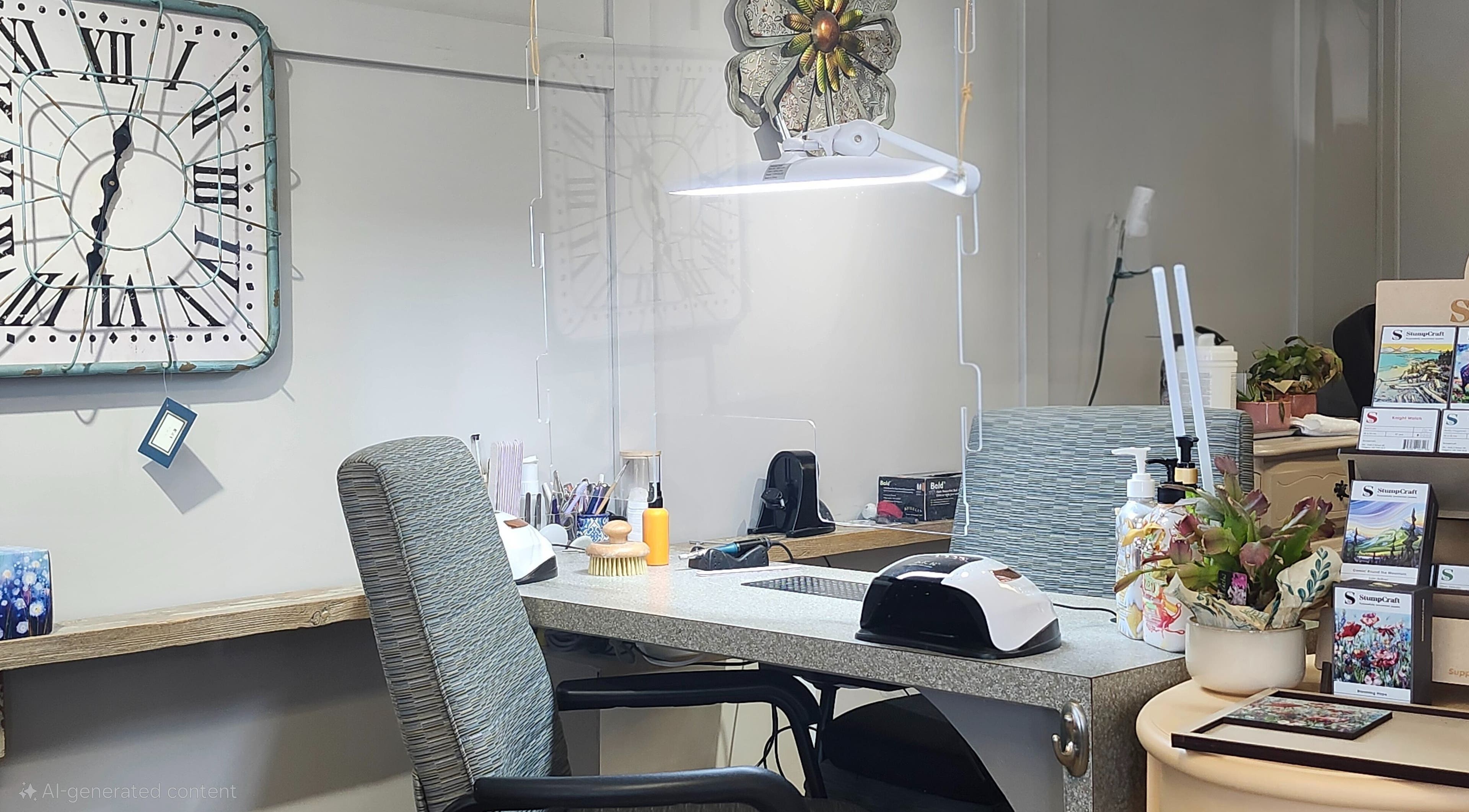 Cozy manicure station at Total Esthetics, Spruce Grove, Alberta, CA, featuring elegant decor and skincare products.