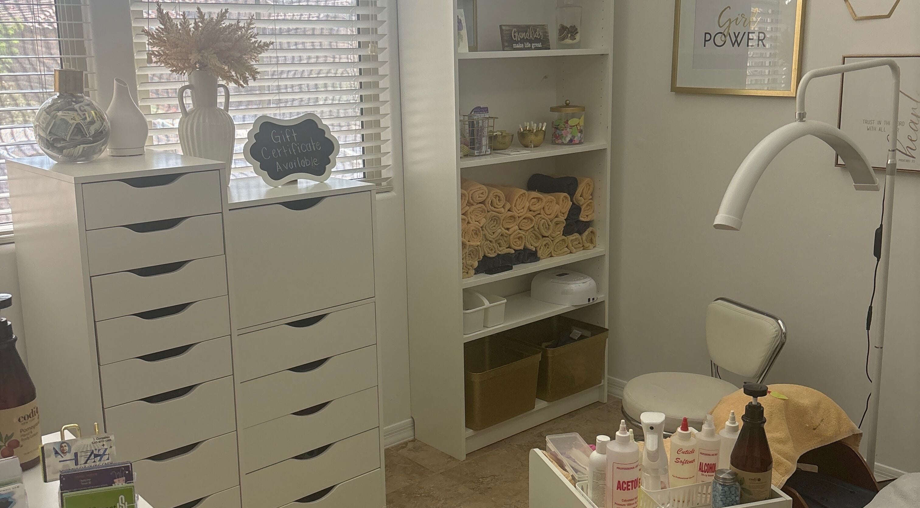 Interior of House of Pedi’s by Lydia, Tucson, Arizona, US, featuring spa tools and a serene decor setup.