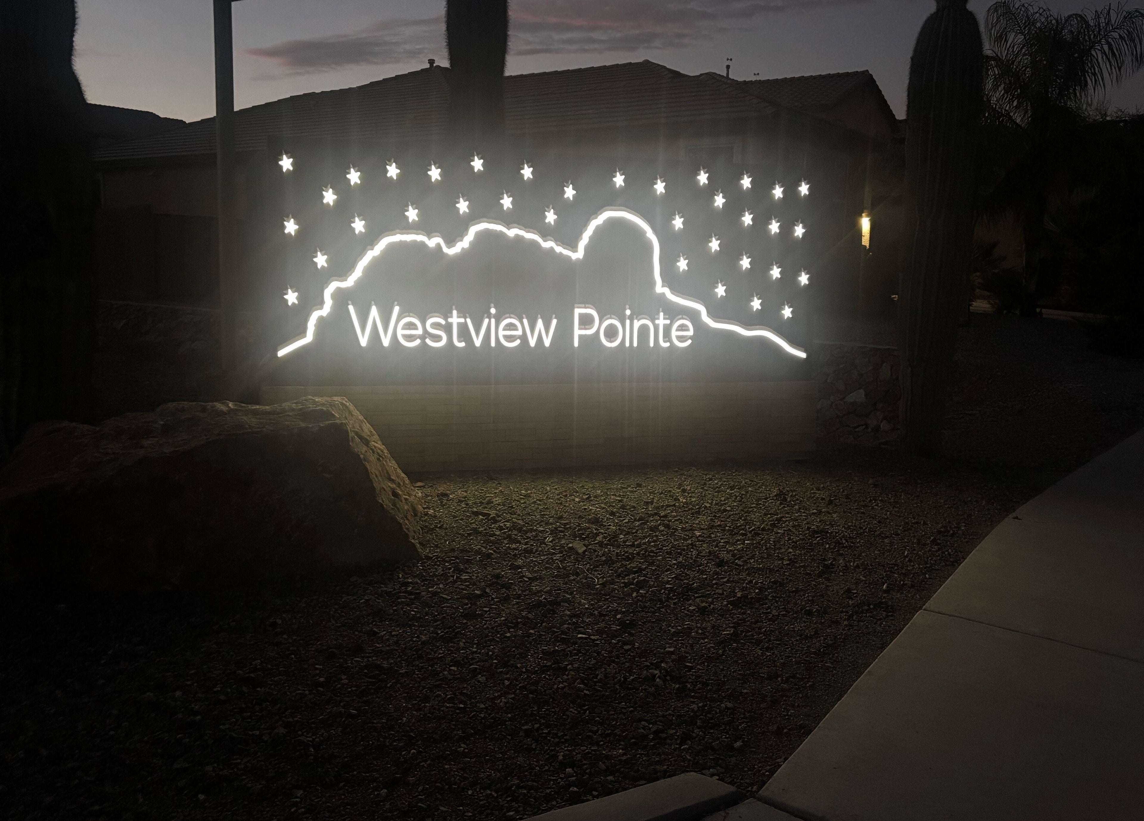 Illuminated sign 'Westview Pointe' at House of Pedi's by Lydia, Tucson, Arizona, US.