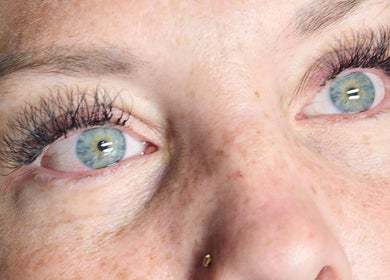 Close-up of enhanced lashes at Remedi Permanent Makeup Corydon, Corydon, Indiana, US.