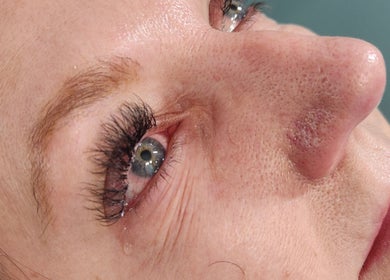 Close-up of enhanced eyelashes at Remedi Permanent Makeup Corydon, Corydon, Indiana, US.