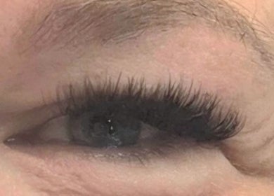 Close-up of enhanced lashes at Remedi Permanent Makeup Corydon, Corydon, Indiana, US.
