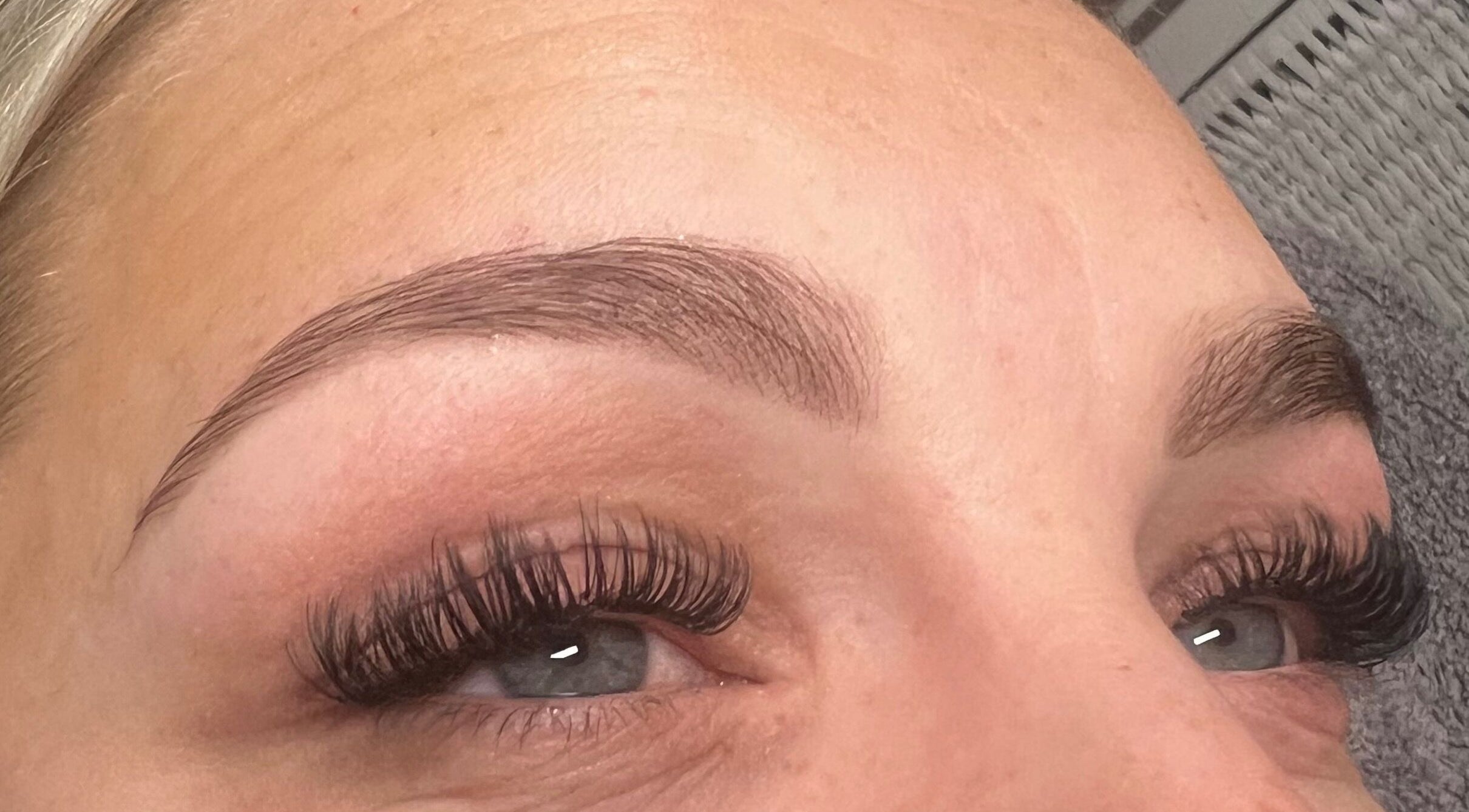 Close-up of styled eyelashes and brows at Beauty With Katie in Rosyth, Scotland, GB.