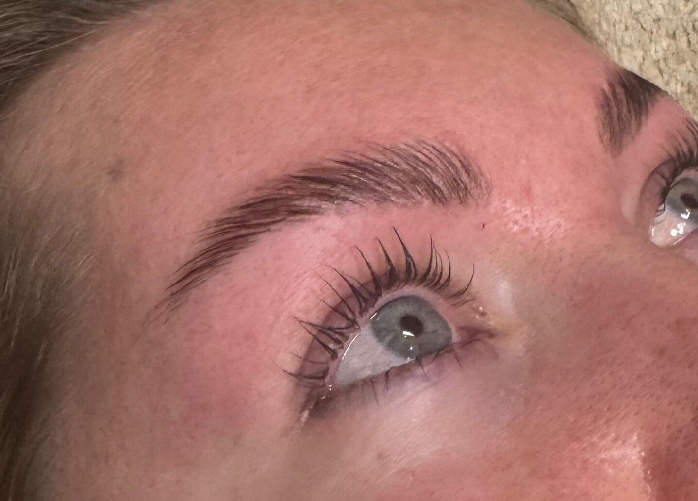 Close-up of groomed eyebrows and lashes at Beauty With Katie, Rosyth, Scotland, GB.