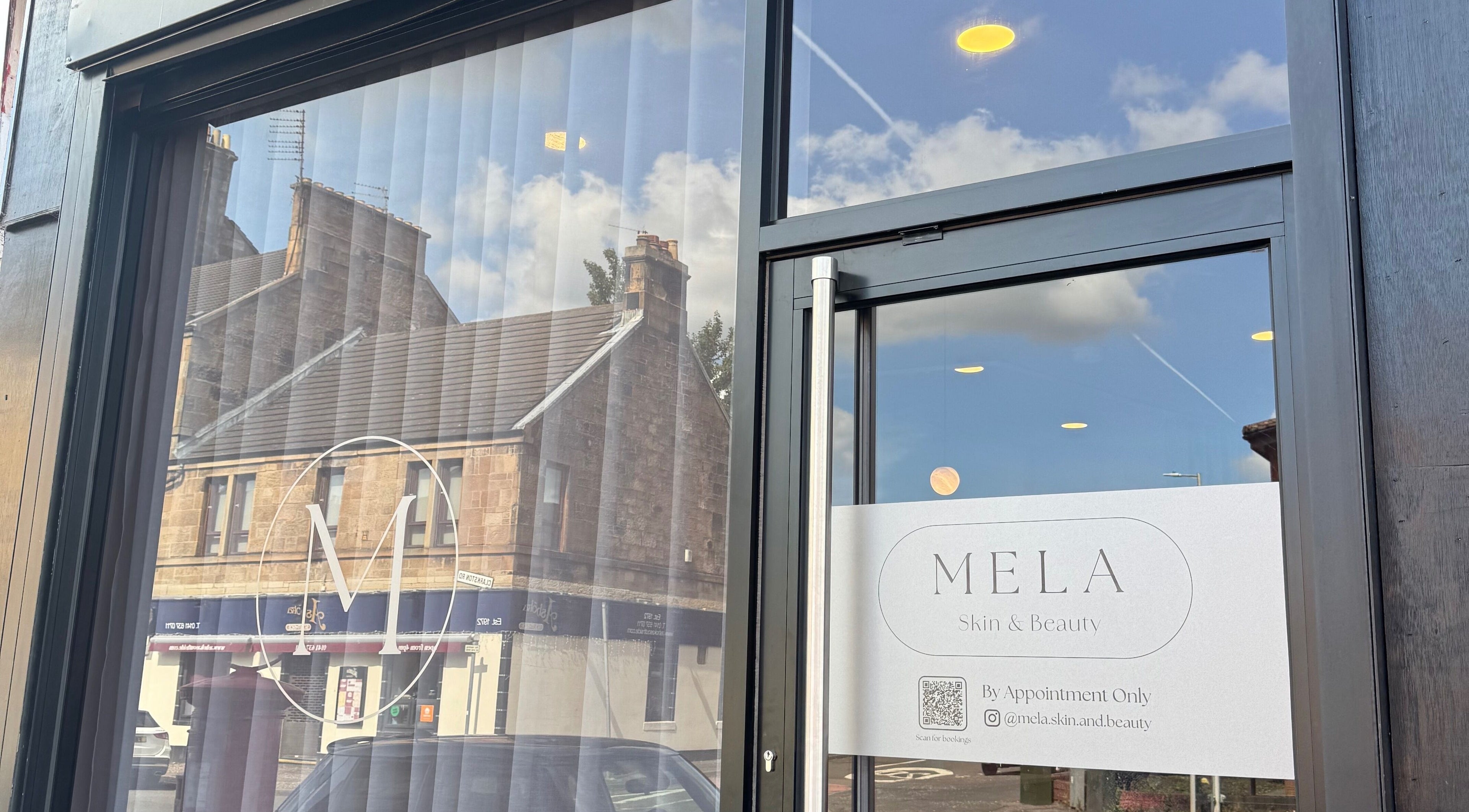 Front of Mela Skin & Beauty in Glasgow, Scotland, GB, showcasing a modern facade with logo.