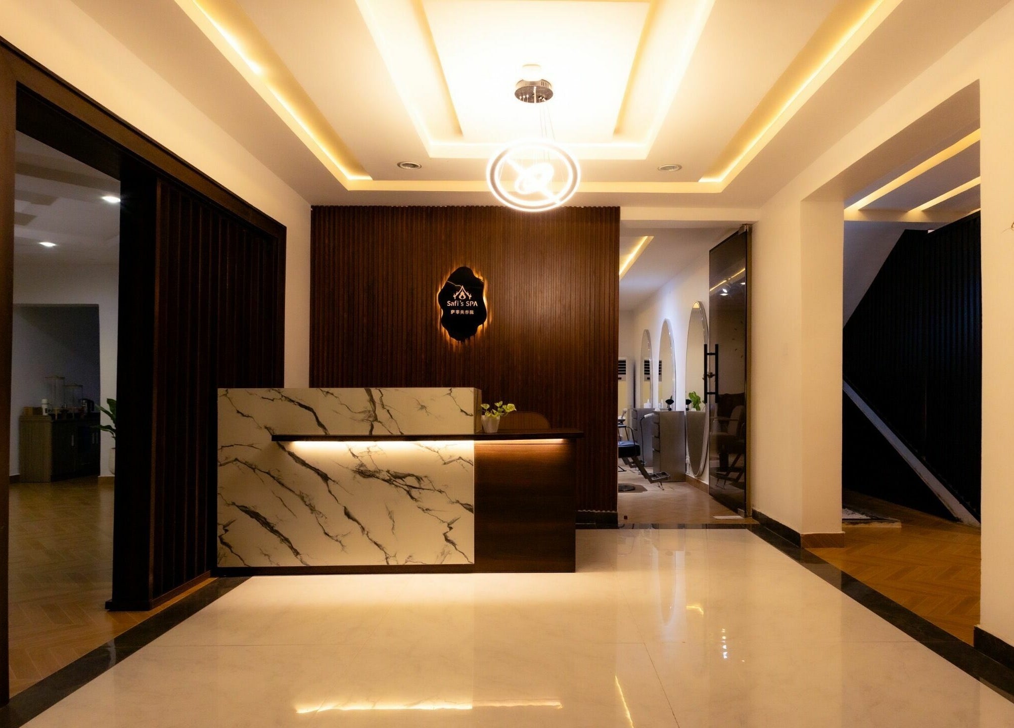 Elegant reception area at Safi’s Spa, Abuja, Federal Capital Territory, NG, featuring modern design.