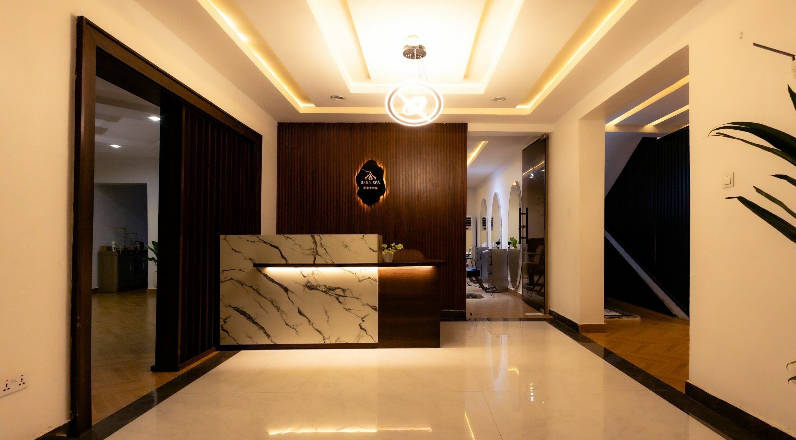 Elegant reception area at Safi’s Spa, Abuja, Federal Capital Territory, NG, featuring modern design.