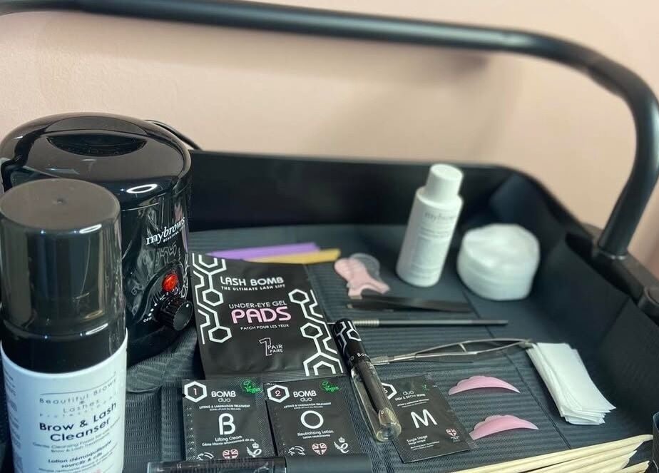 Beauty tools and products at KB Brows and Beauty, Dunbar, Scotland, GB, showcasing brow and lash essentials.