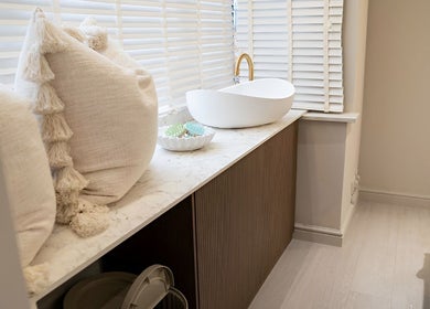 Elegant interior with a modern sink at Lough Skin, Loughborough, England, GB.