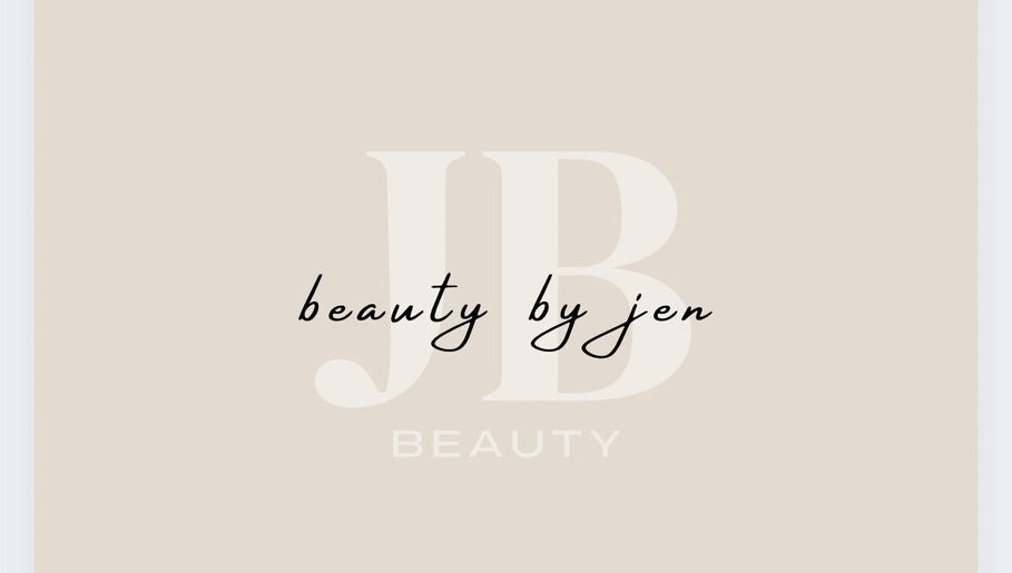 Beauty by jen logo at Liverpool, England, GB, featuring elegant typography on a beige background.