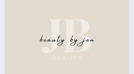 Beauty by jen logo at Liverpool, England, GB, featuring elegant typography on a beige background.