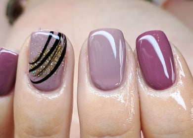 Elegant mauve nails with gold glitter design at Sculpted by Sarah, County Louth, County Louth, IE.