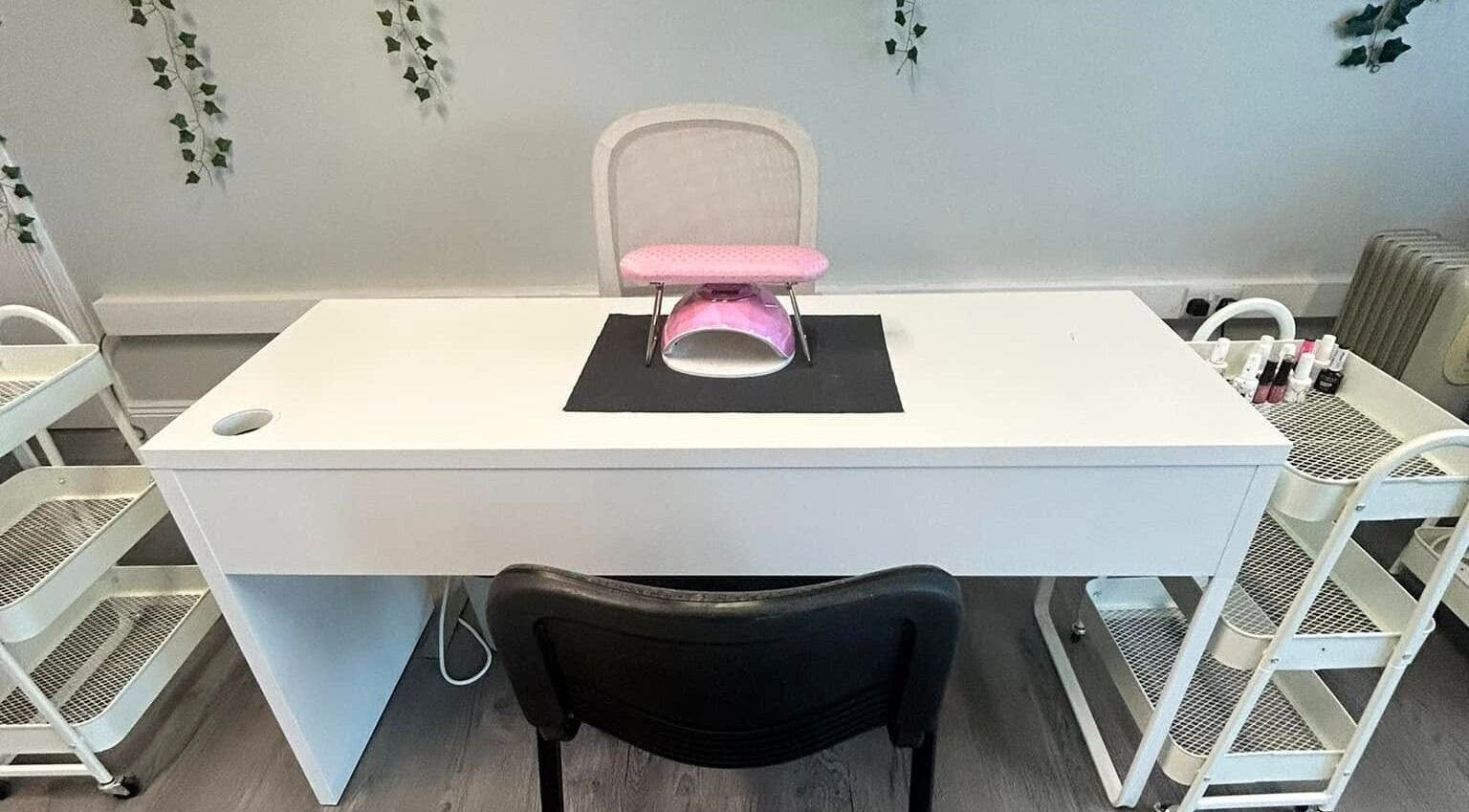 Nail station at The Glamour Room in Gorey, County Wexford, IE, featuring a sleek desk and manicure tools.