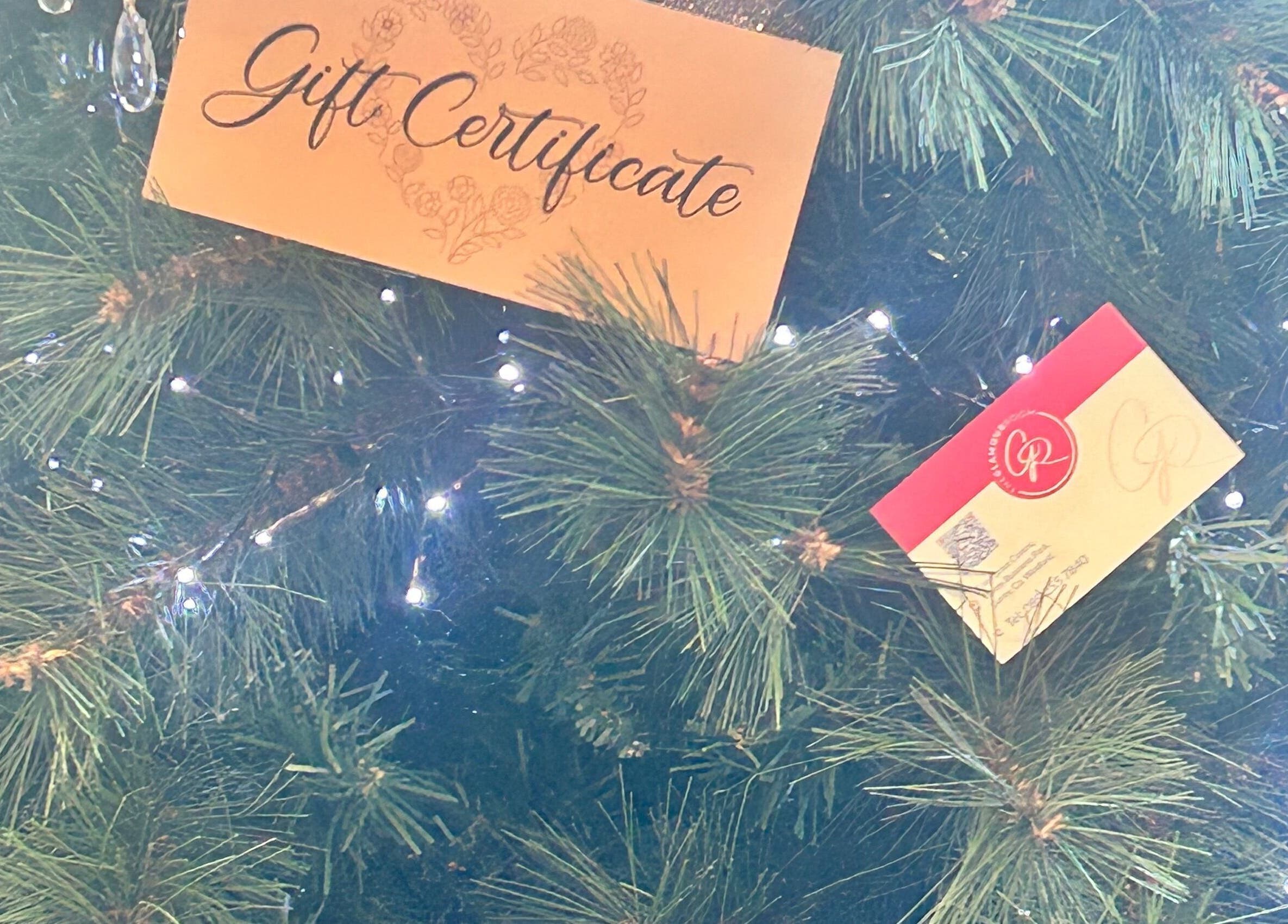 Gift certificate on Christmas tree at The Glamour Room, Gorey, County Wexford, IE.