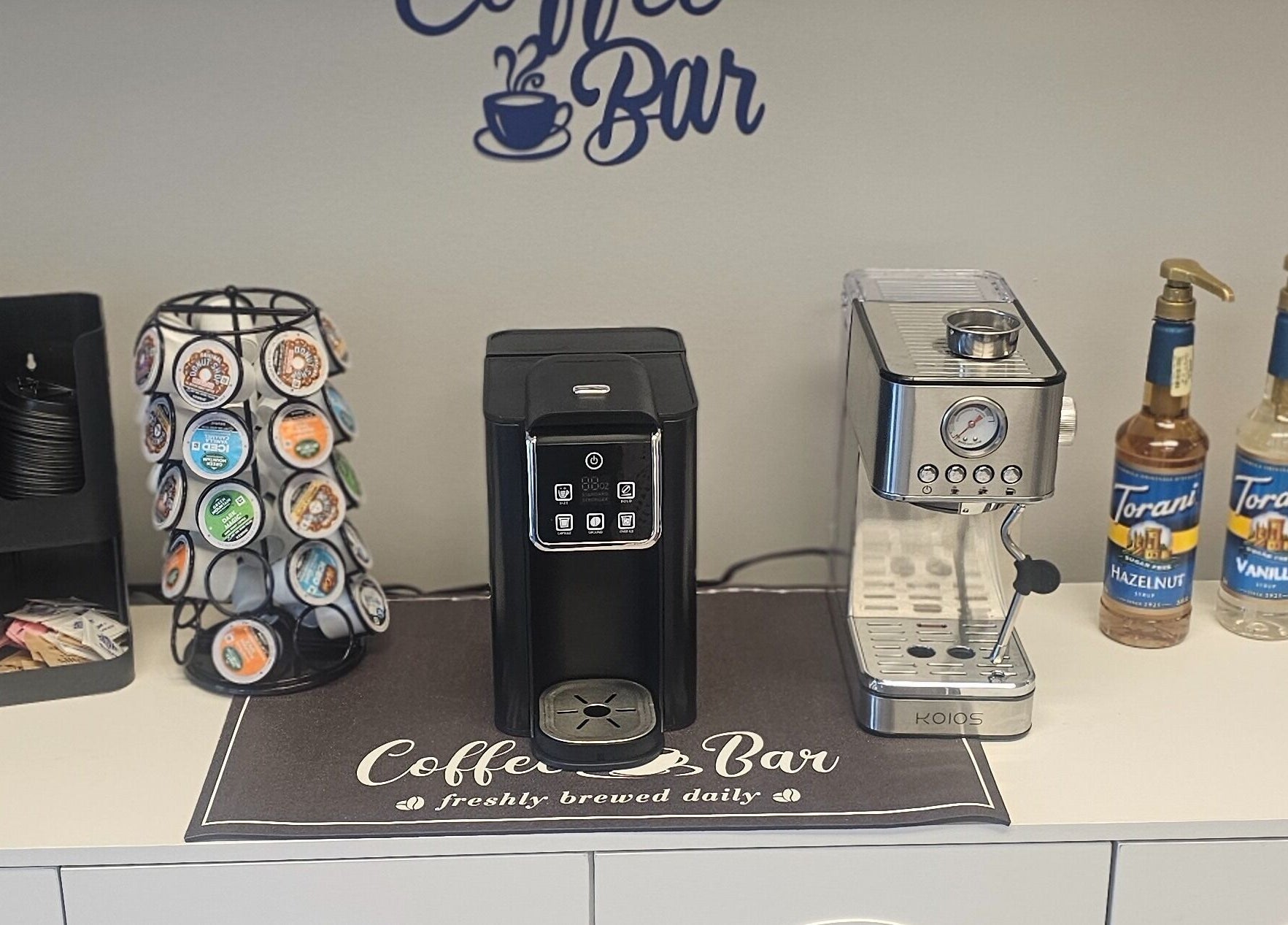 Coffee bar setup at Chizeled Contours Body Aesthetics, Twinsburg, Ohio, US, featuring a selection of brews.