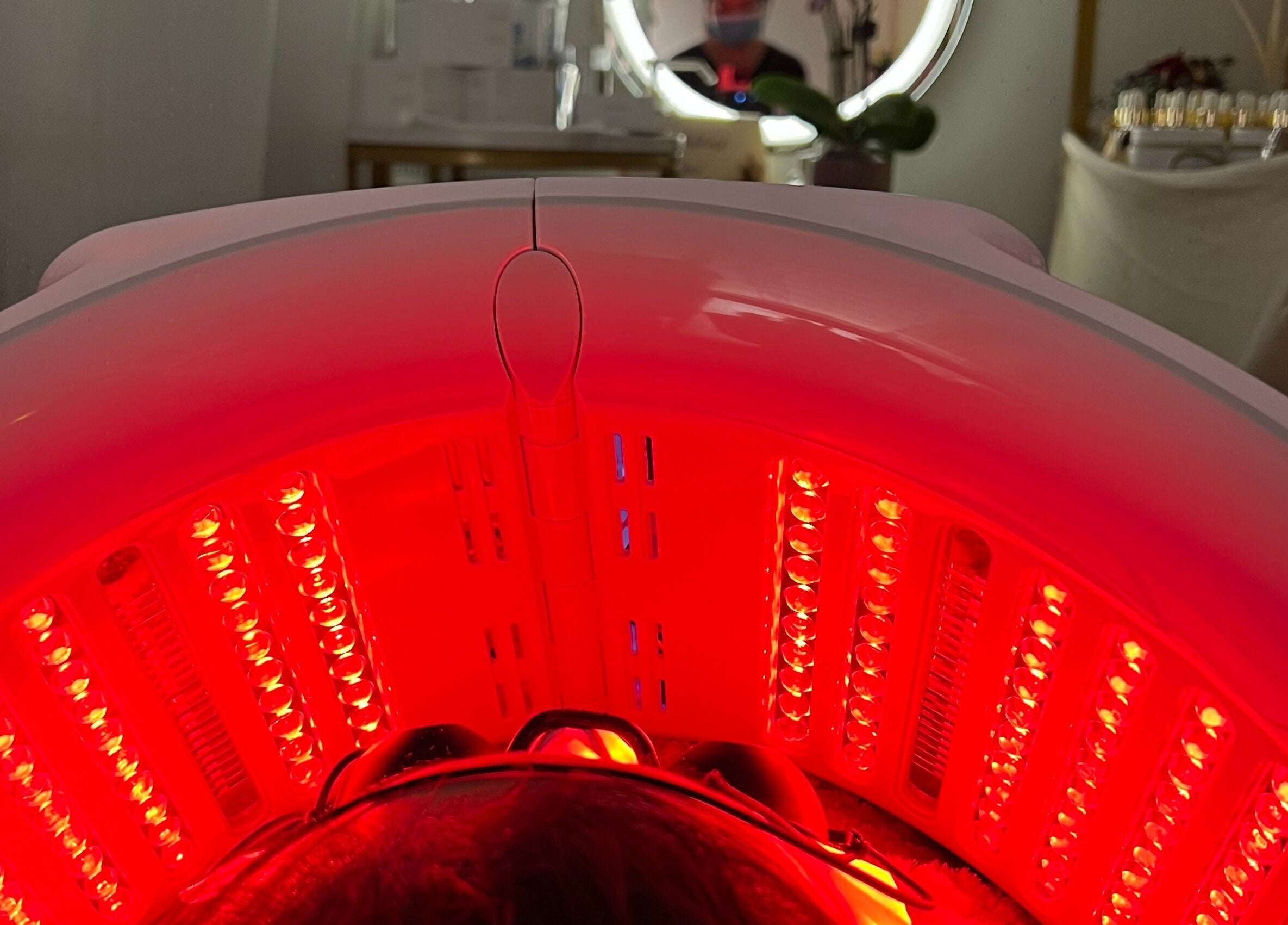 LED therapy session at Rosa Damascena Hong Kong on Hong Kong Island, HK, showcasing advanced skincare technology.