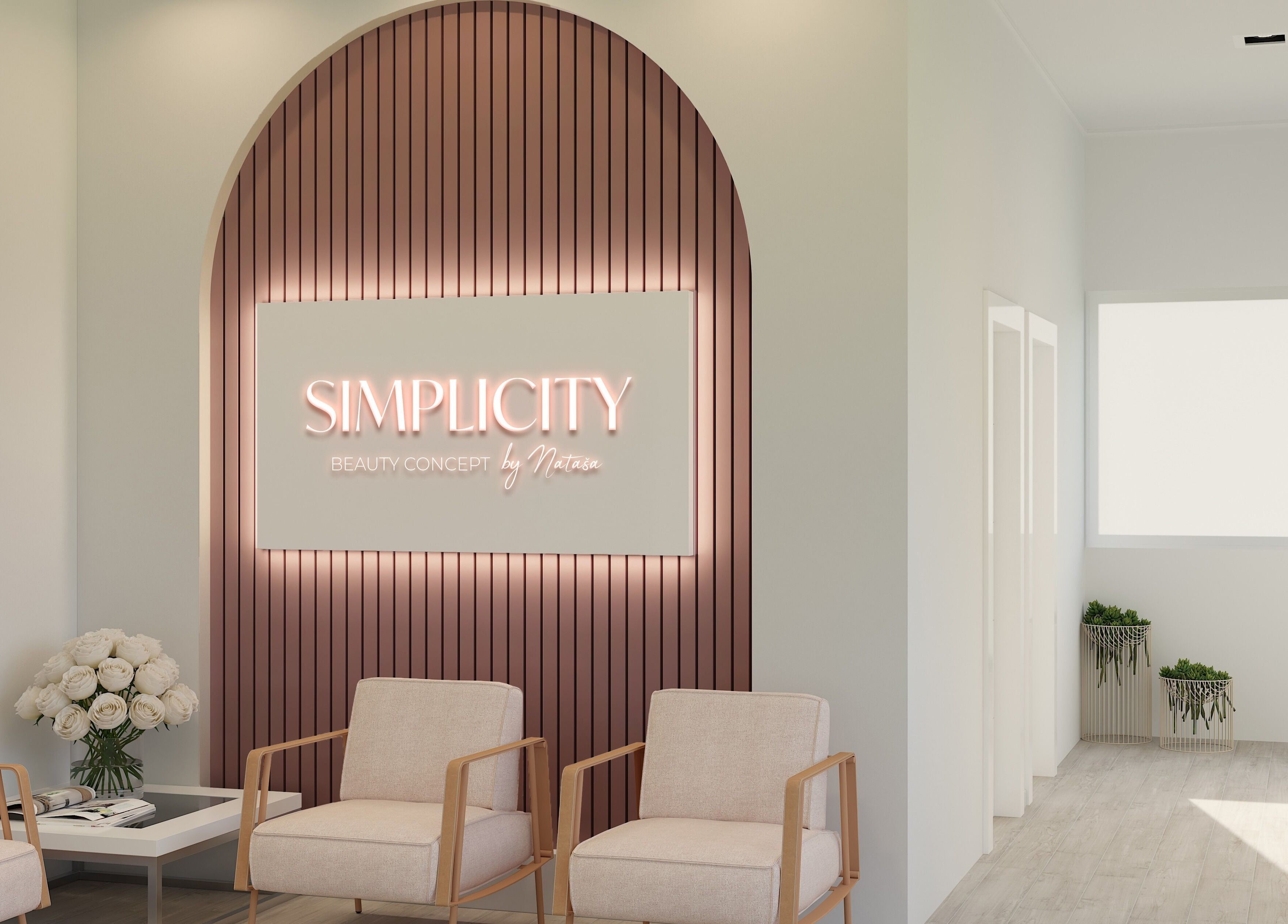 Prostorija u Simplicity Beauty Center, Podgorica, ME s modernim dekorom i udobnim sjedalicama.