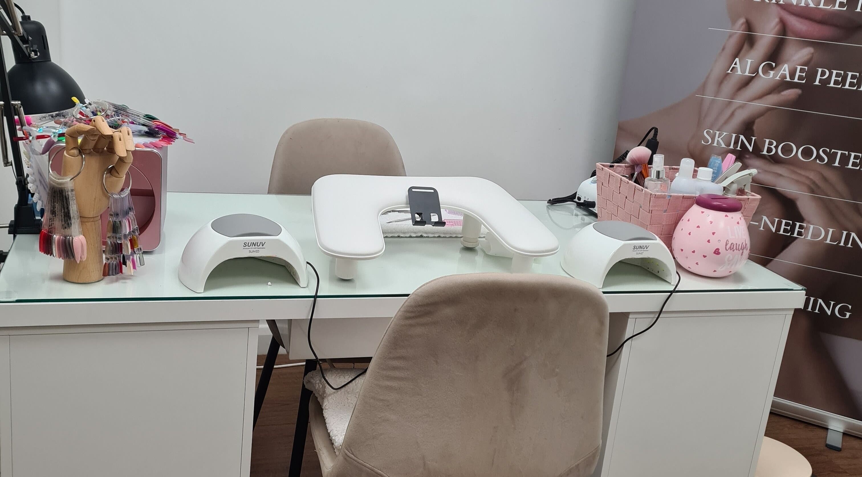 Luxurious nail station at Avc Beauty Castle Aesthetics, Colchester, England, GB. Stylish setup with manicure tools.