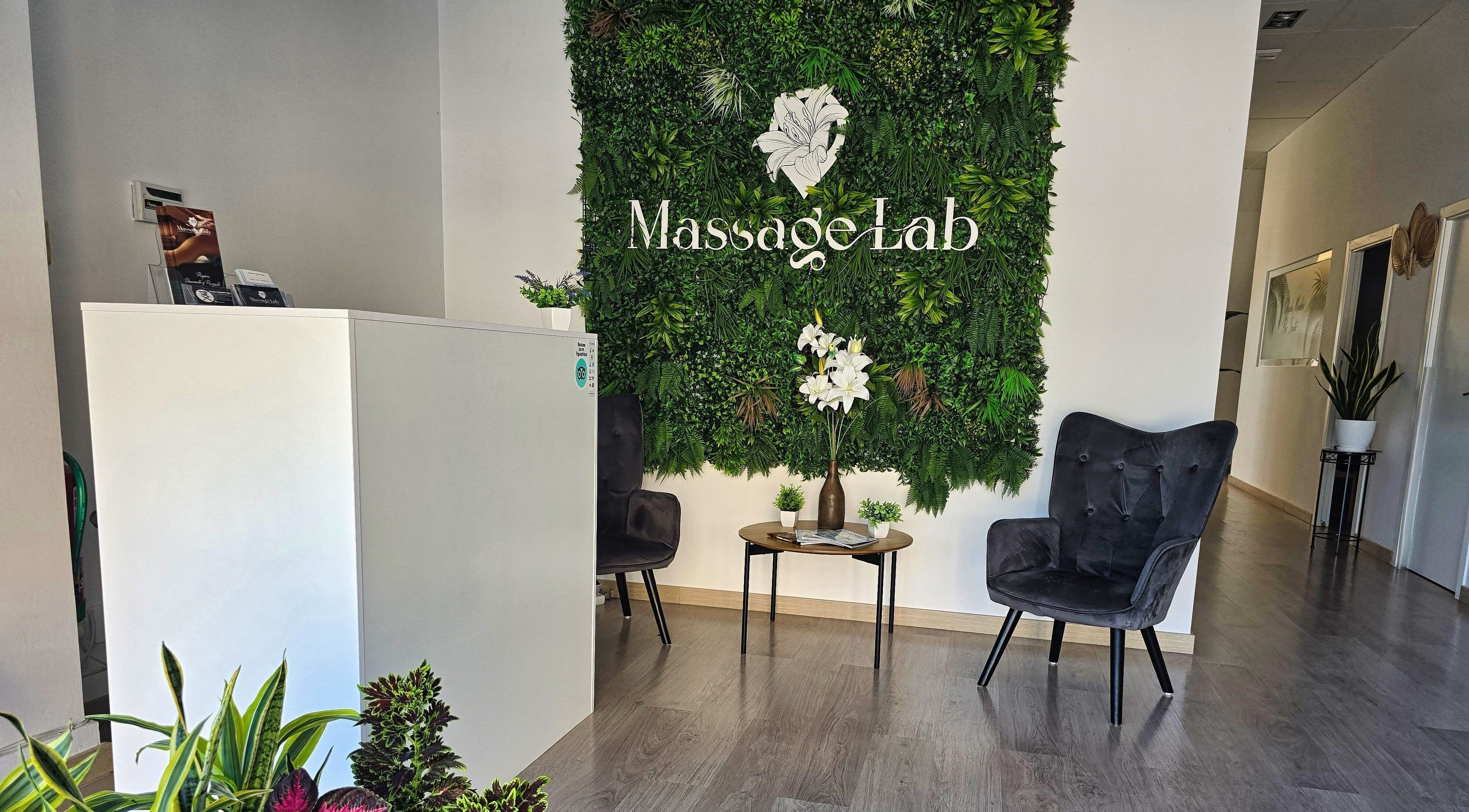 Recepción elegante de Massage Lab en Dénia, Comunidad Valenciana, ES, con jardín vertical.