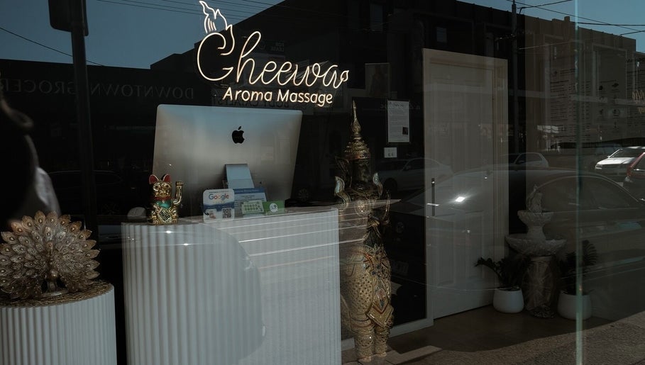 Entrance of Cheewa Aroma Remedial Thai with decor in Melbourne, Victoria, AU.