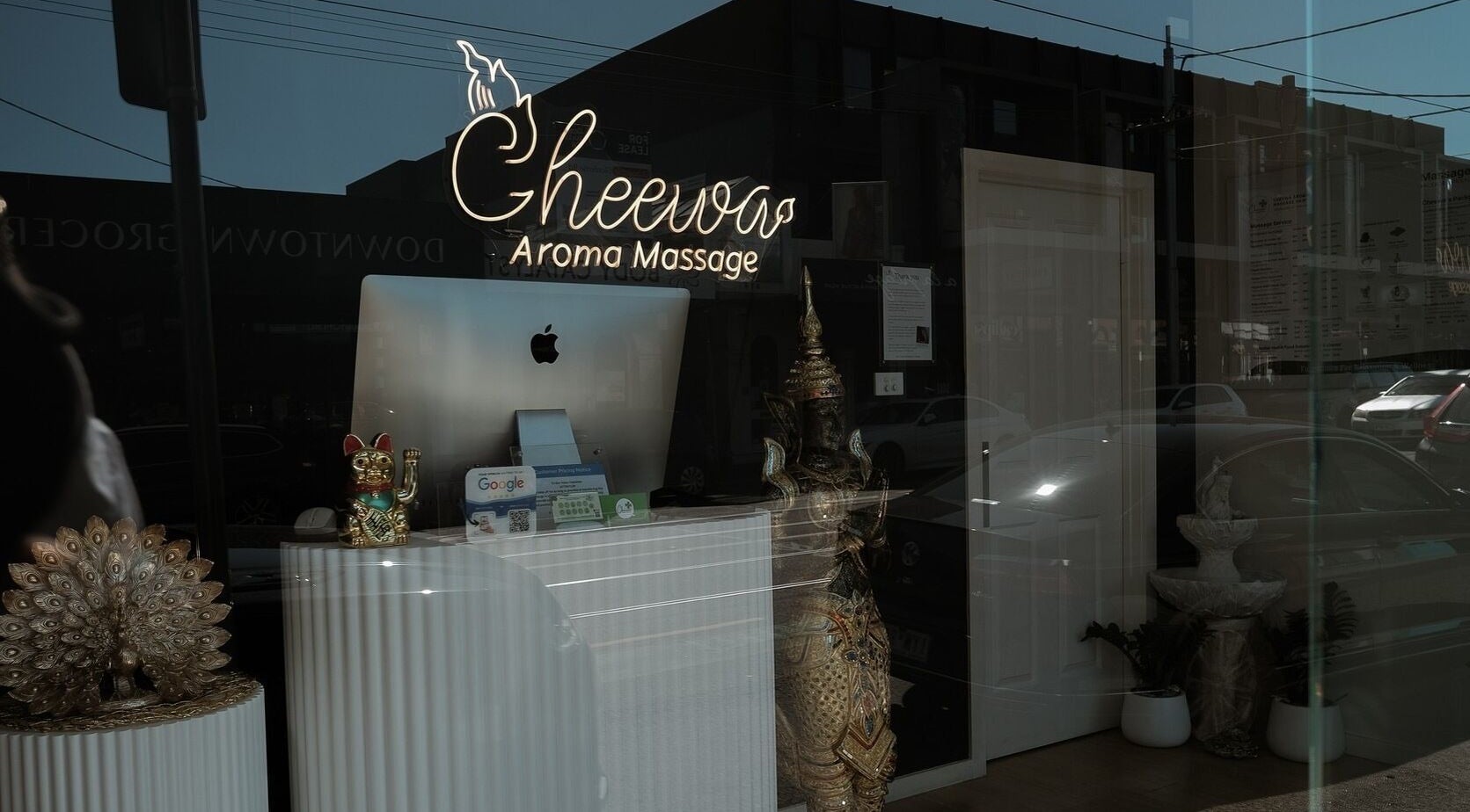 Exterior view of Cheewa Aroma Remedial Thai entrance in Melbourne, Victoria, AU, showcasing elegant decor.