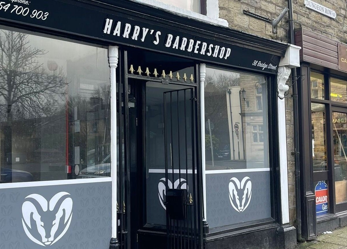 Entrance of Harry’s Barbershop located on Bridge Street, Ramsbottom, England, GB.