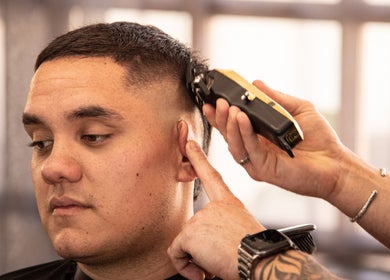 Professional haircut at District Barber Studio, Samford Village, Queensland, AU.
