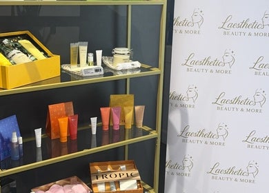 Display of skincare products at Laesthetics Beauty & More, Catrine, Scotland, GB.