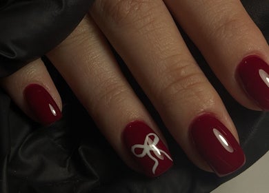 Elegant crimson Russian manicure at Manicured by Candela, Smithfield, New South Wales, AU.