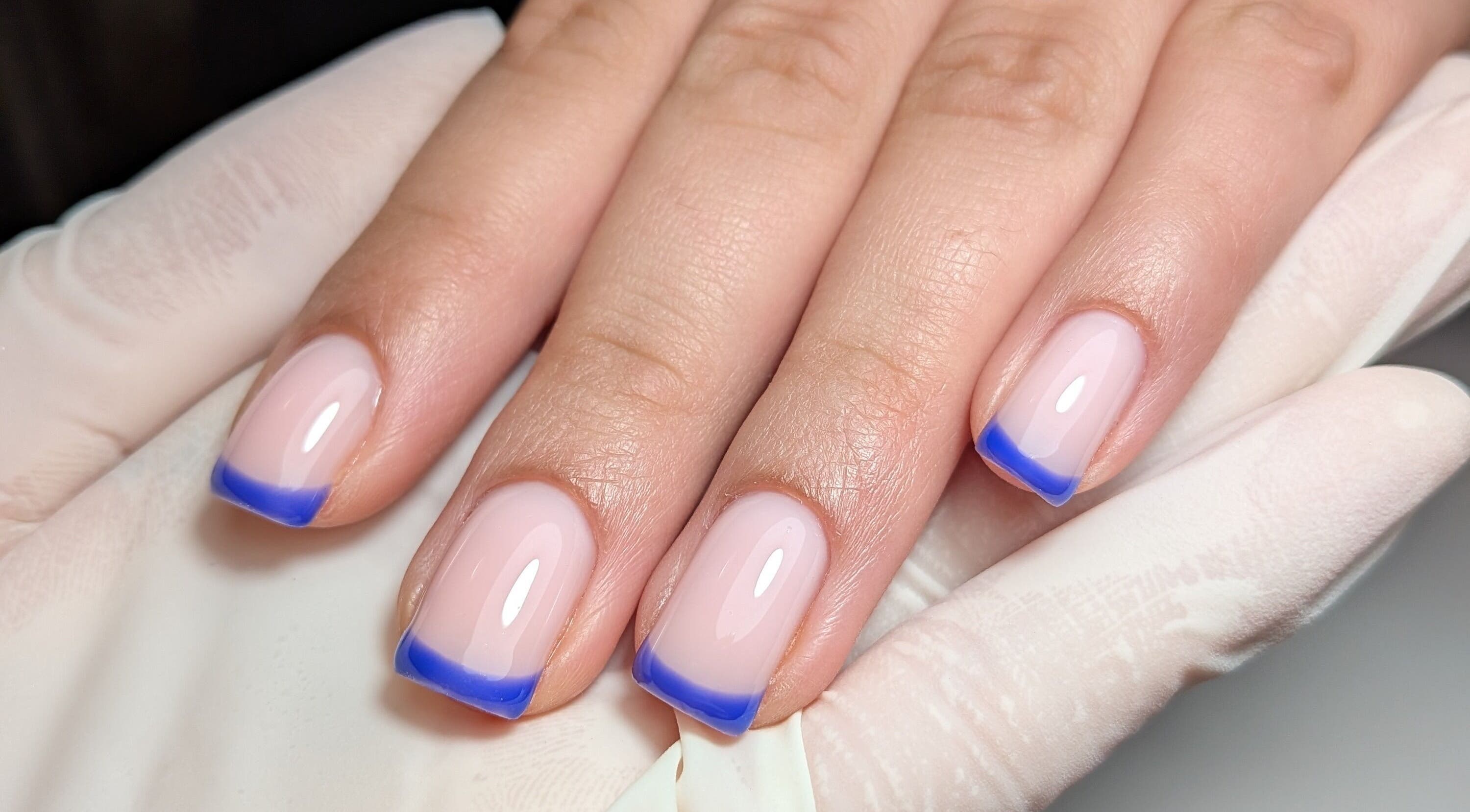 Blue French tips manicure at Manicured by Candela - Russian Manicure & Builder Gel, Smithfield, NSW, AU.