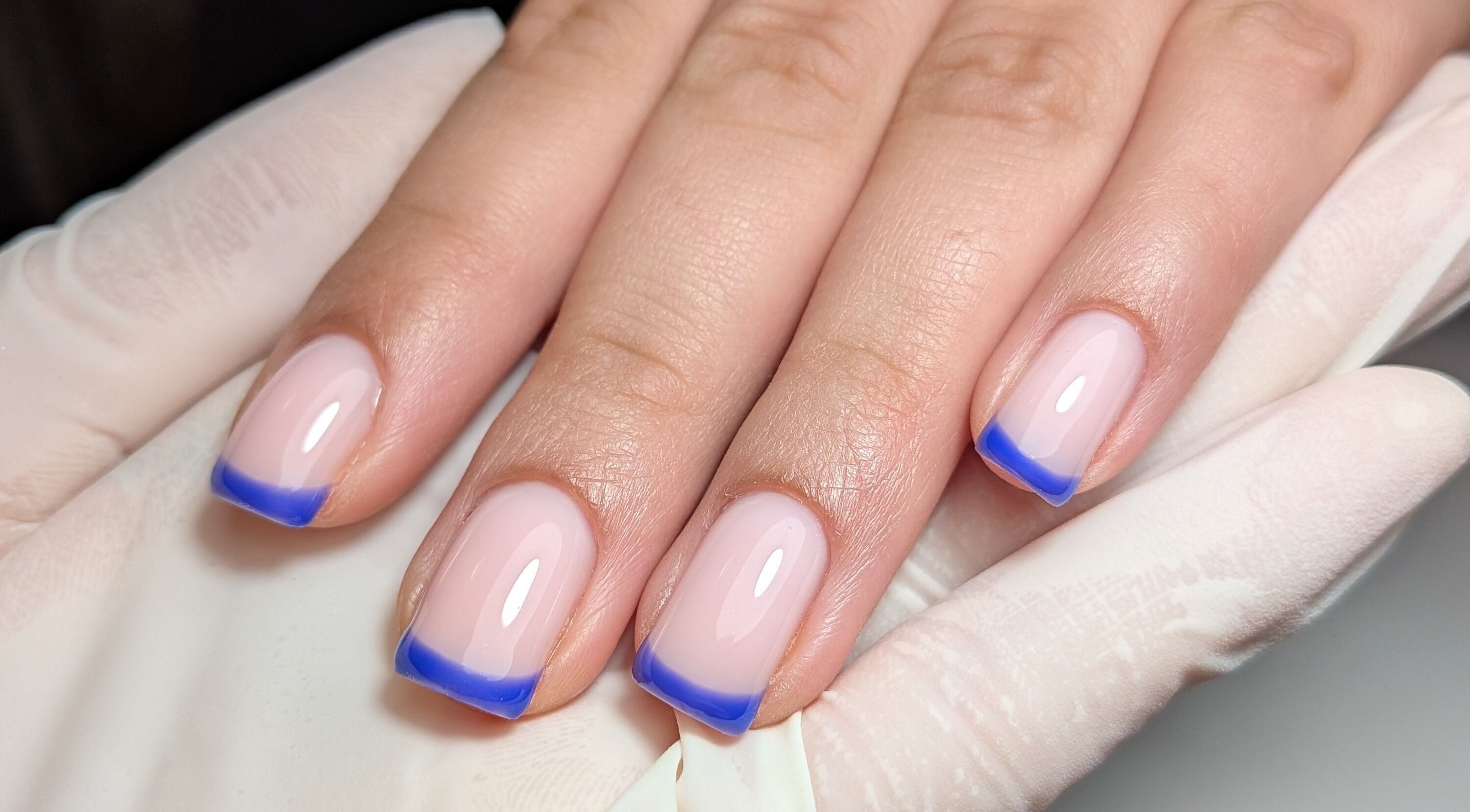 Blue French tips manicure at Manicured by Candela - Russian Manicure & Builder Gel, Smithfield, NSW, AU.