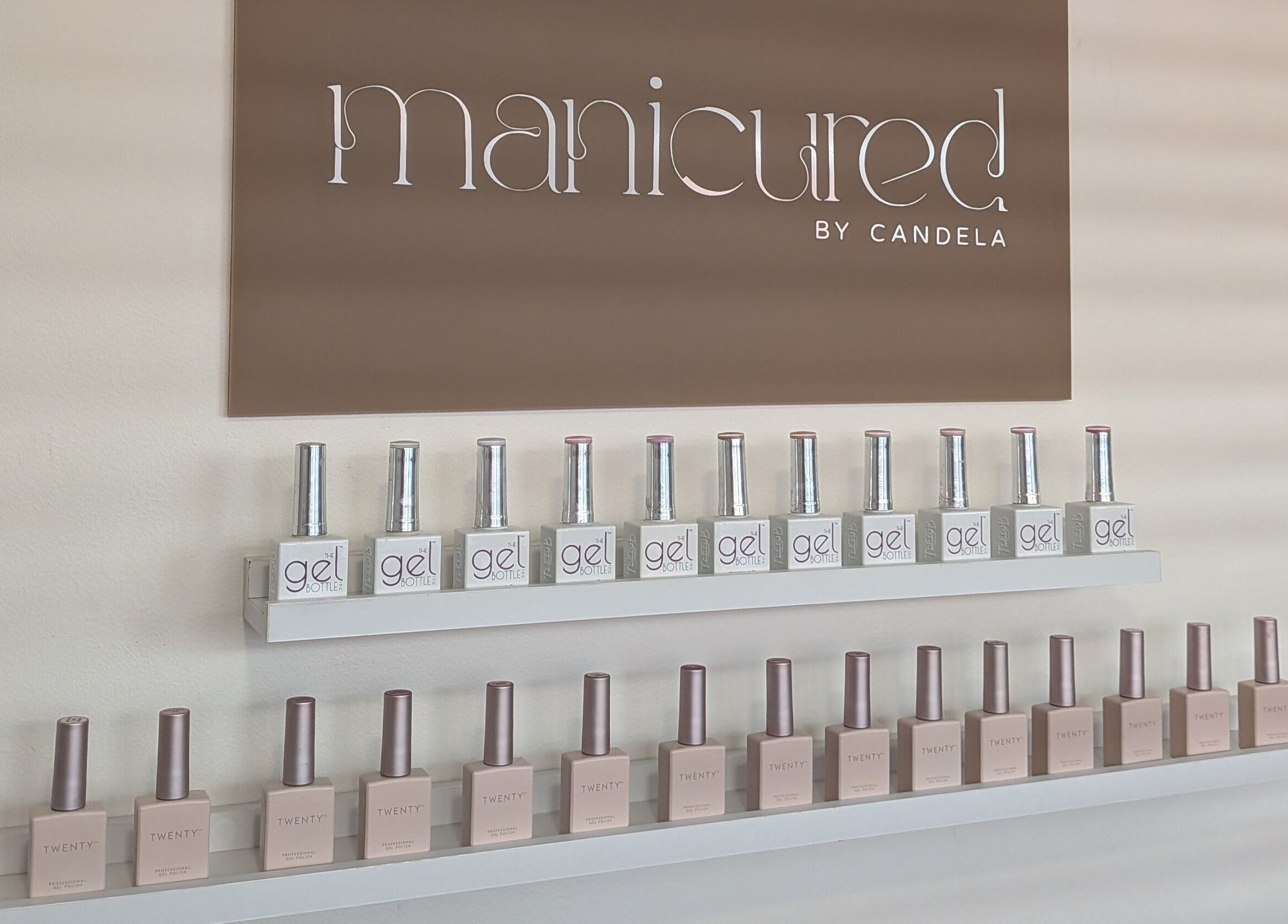 Display of gel polish at Manicured by Candela - Russian Manicure & Builder Gel in Smithfield, New South Wales, AU.