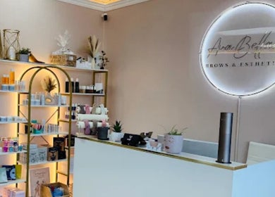 Reception area at AvaBellas Brow & Skincare Studio showcasing elegant decor, Bonney Lake, Washington, US.