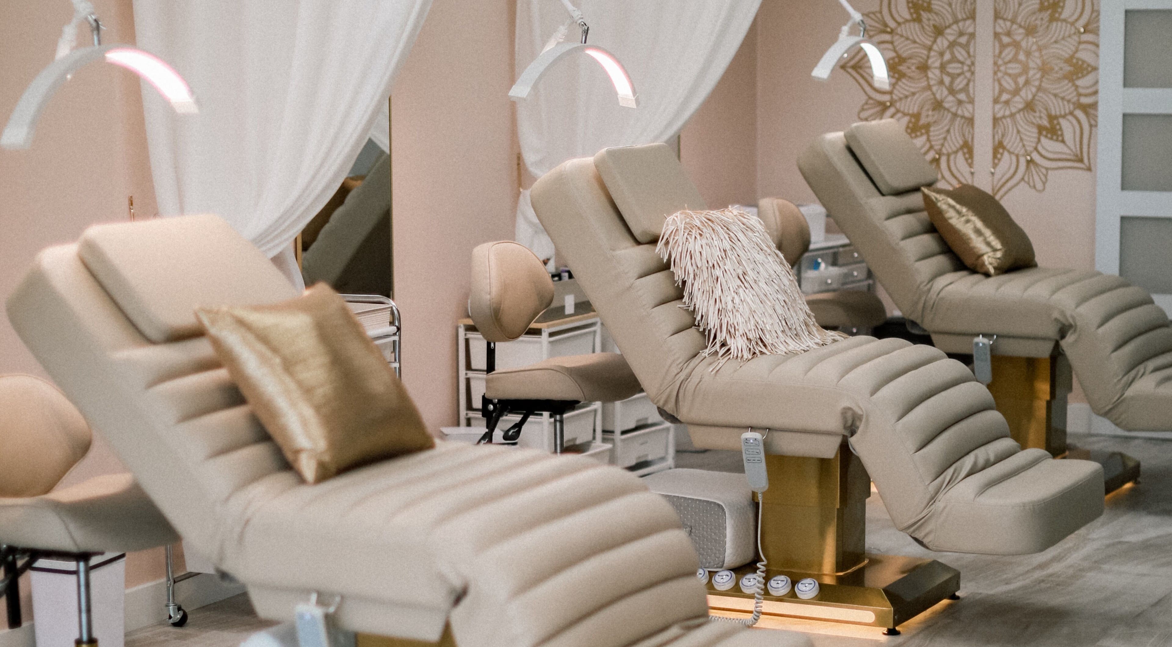 Comfortable spa recliners at AvaBellas Brow & Skincare Studio in Bonney Lake, Washington, US.