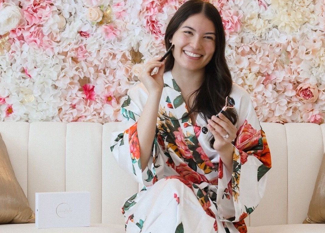 Relaxing moment at AvaBellas Brow & Skincare Studio, Bonney Lake, Washington with floral backdrop and skincare.