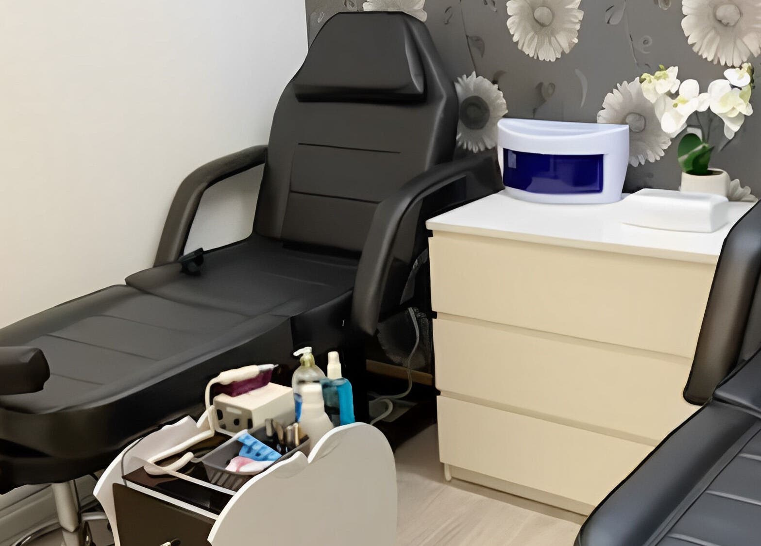 Luxurious treatment chair in Why Not salon, Loughborough, England, GB, with modern equipment and soothing decor.
