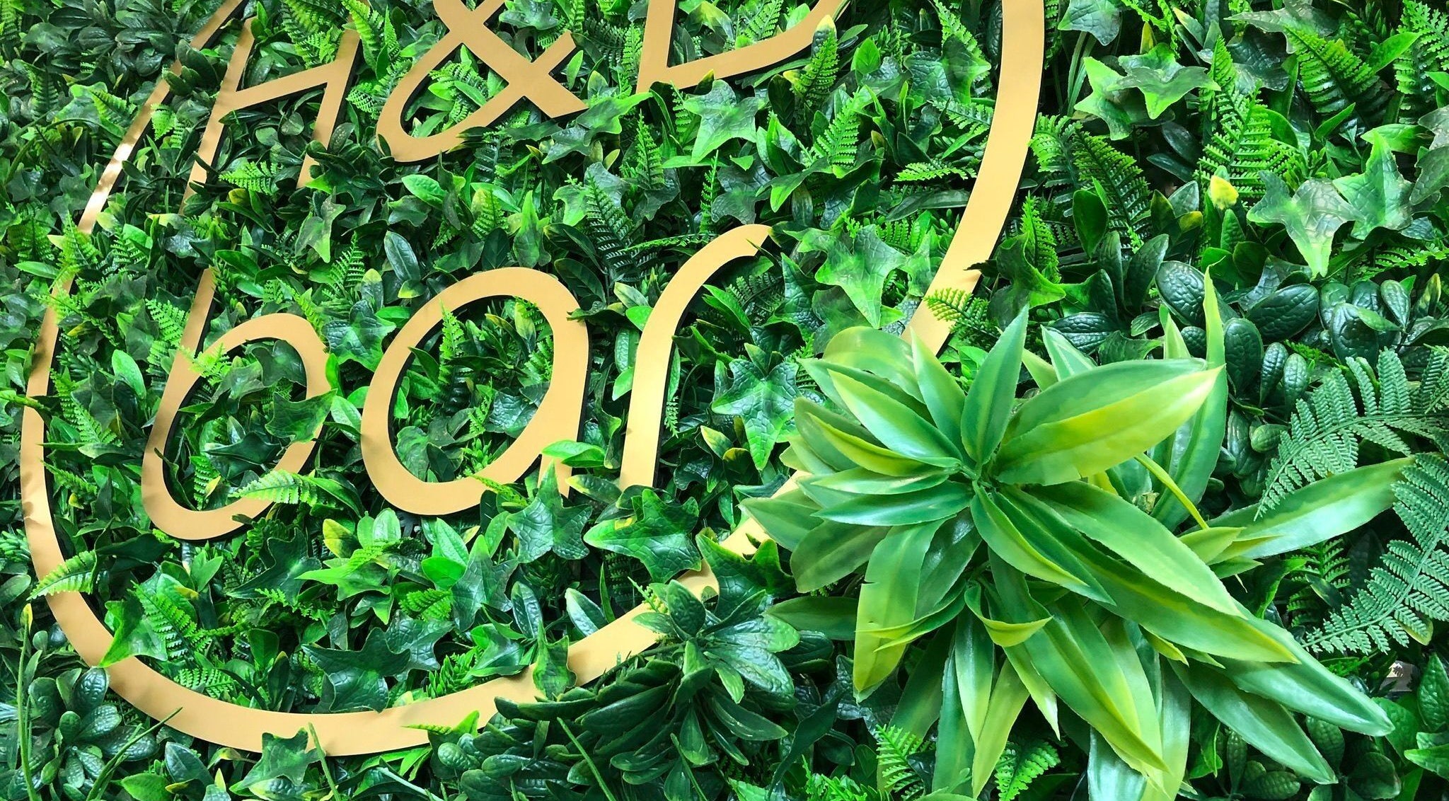 Vibrant green foliage decor with gold logo at Hair and Beauty Bar, Yeovil, England, GB.