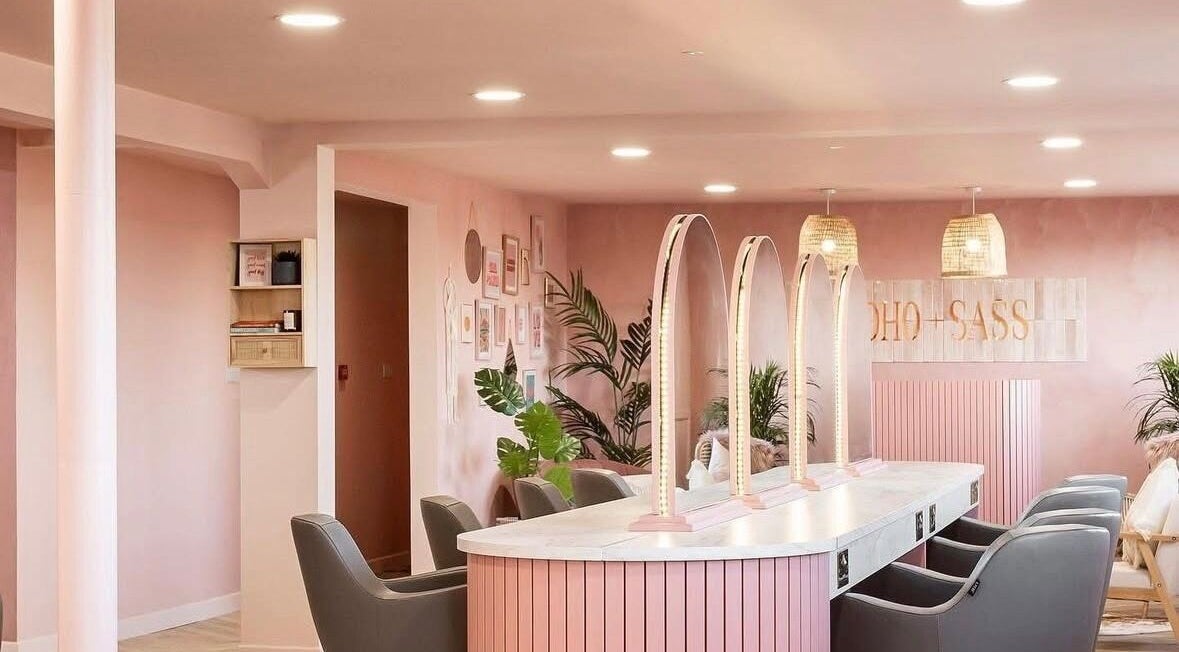 Elegant pink interior of Chloe McDowell Hair in Newtownabbey, Northern Ireland, GB with chic decor.