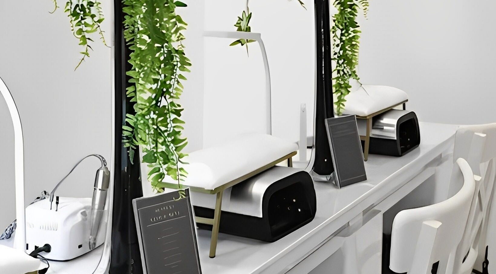 Elegant nail station at Gloglam, Main Beach, Queensland, AU, adorned with lush green plants.
