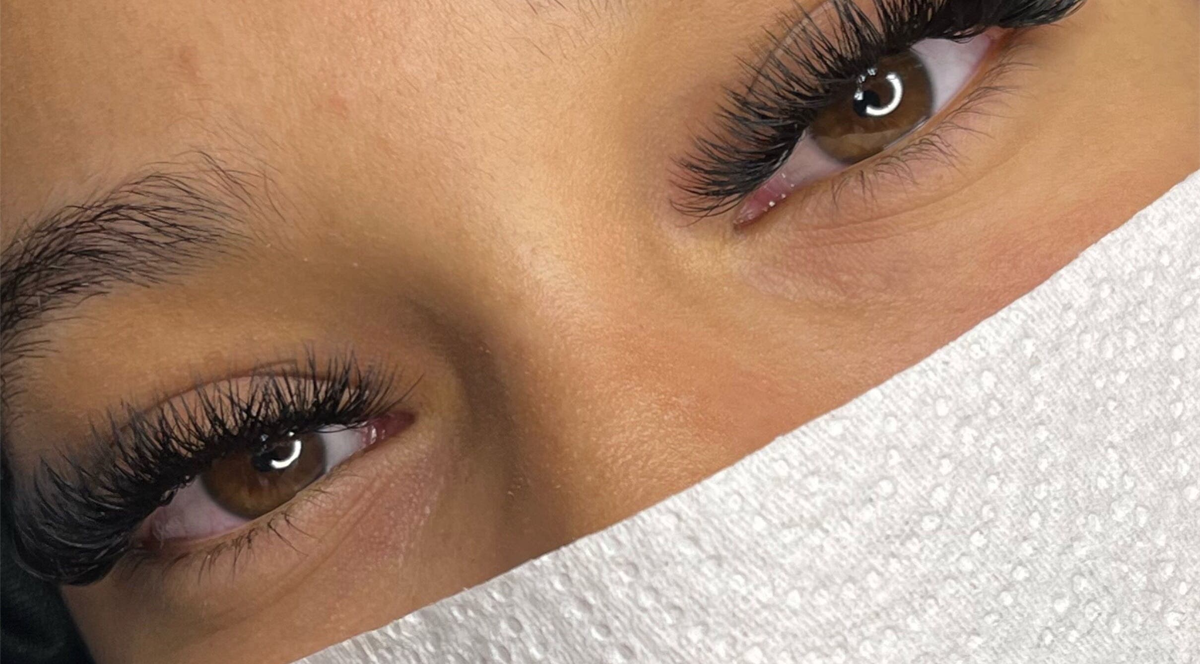 Close-up of expertly crafted eyelash extensions by Aaliyahlashh in Crawley, England, GB.
