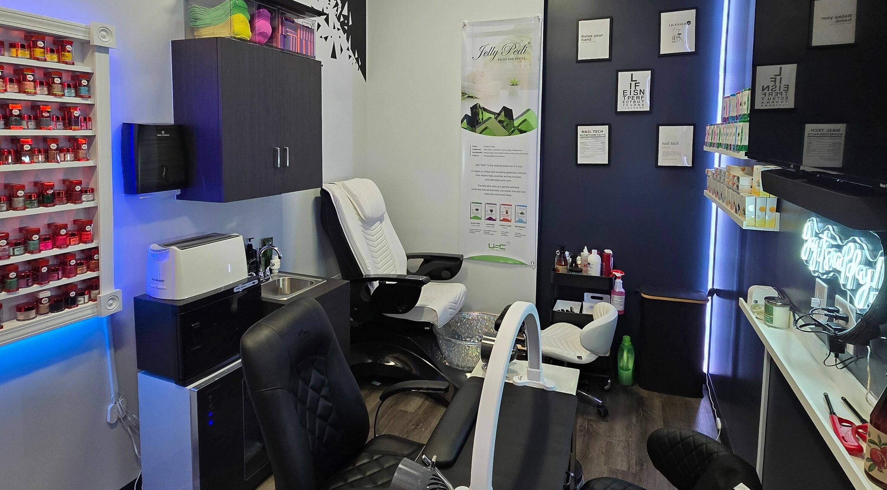 Cozy and elegant interior of Mr. Right Nails at Phenix Salon Suites in Columbus, Ohio, US, showcasing nail care setup.
