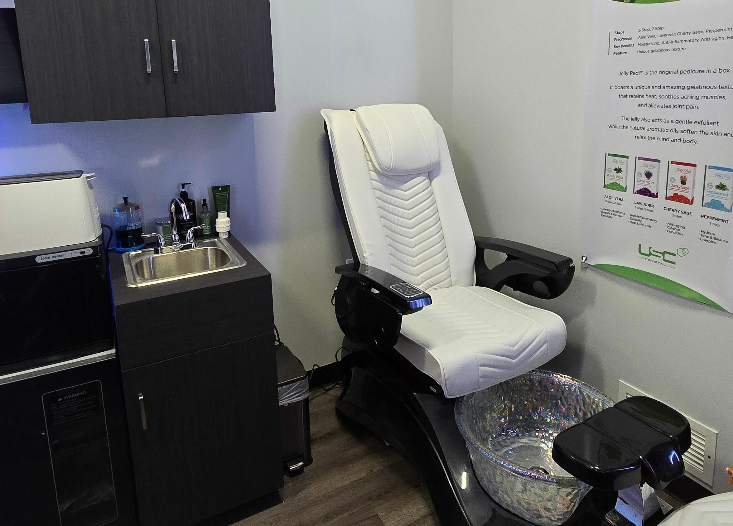 Luxurious pedicure chair at Mr. Right Nails, Phenix Salon Suites in Columbus, Ohio, US, highlighting modern amenities.