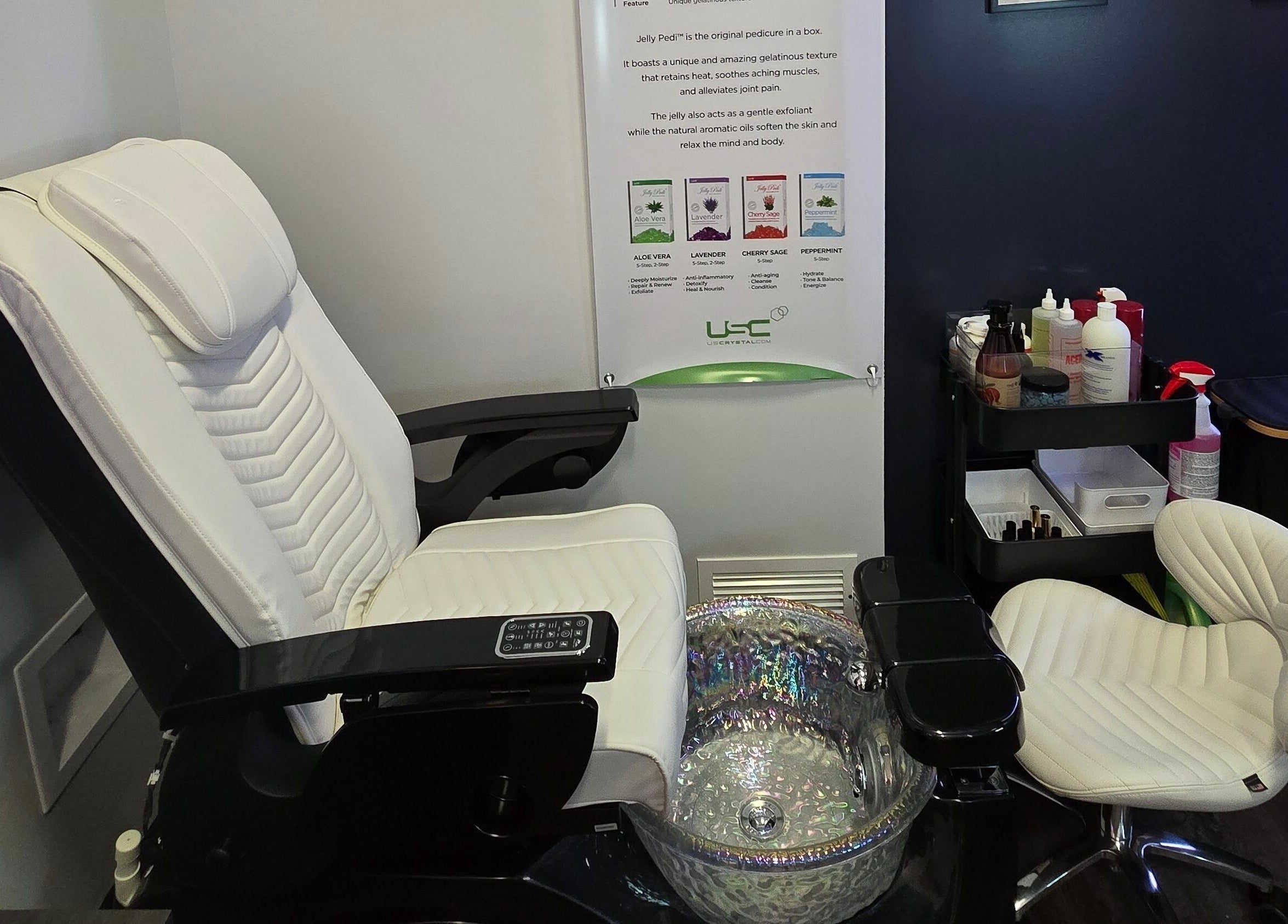 Pedicure chair at Mr. Right Nails, Phenix Salon Suites, Columbus, Ohio, US. Modern, relaxing design for optimal comfort.