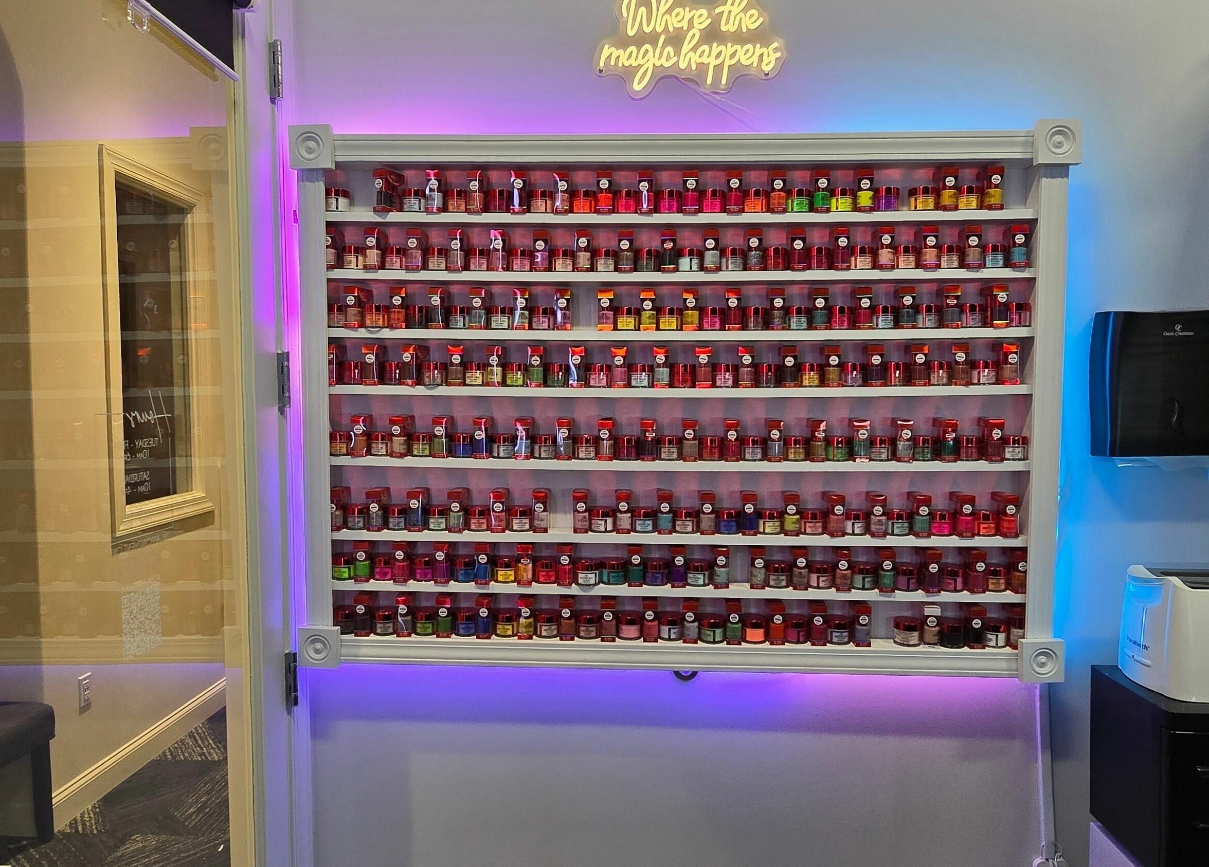 Vibrant nail polish display at Mr. Right Nails at Phenix Salon Suites in Columbus, Ohio, US.