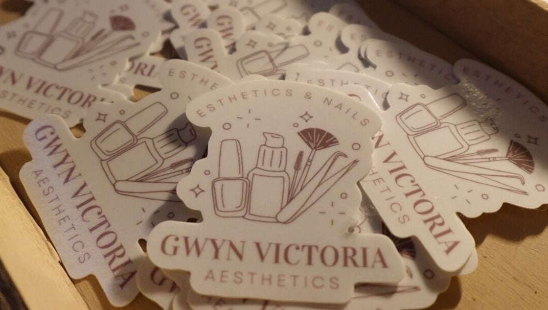 Logo stickers for Esthetics by Gwyn at Spring Lake, Michigan, US showcasing skincare and beauty products.