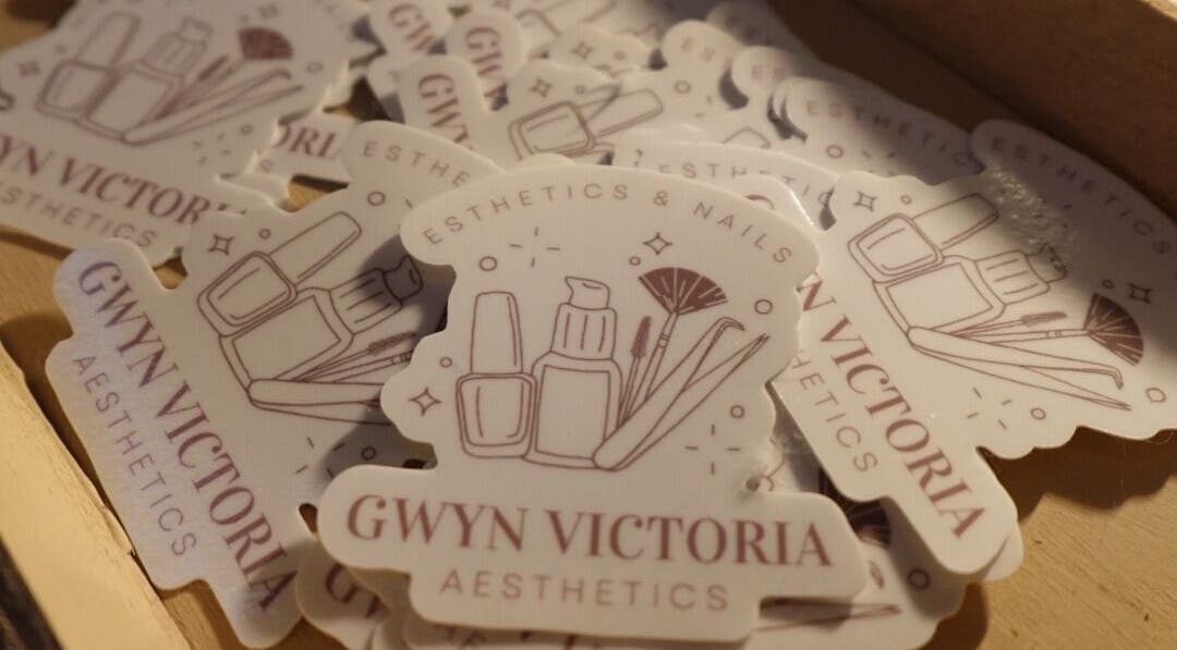 Logo stickers for Esthetics by Gwyn at Spring Lake, Michigan, US showcasing skincare and beauty products.