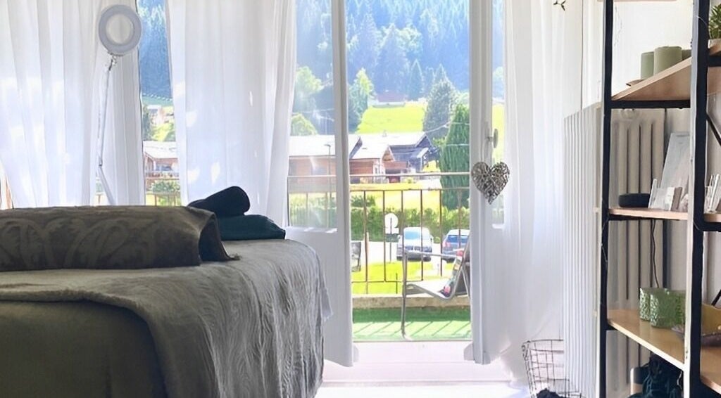 Tranquil beauty room at The Eye-Brow Bar by Laura, Essert-romand, Auvergne-rhône-alpes, FR with scenic view.