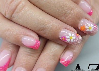 Bright floral nail art at AZ NailZ, Cape Town, Western Cape, ZA.