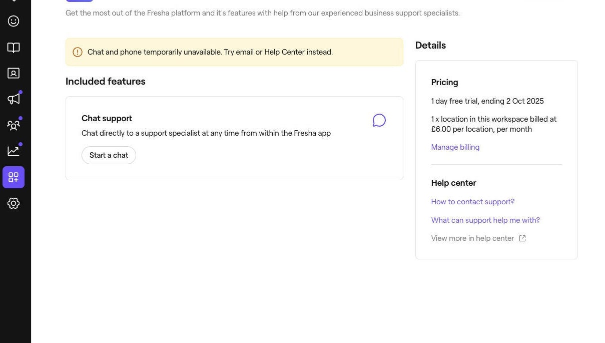 New location's support interface in Sheffield, England, GB showing chat options and pricing details.