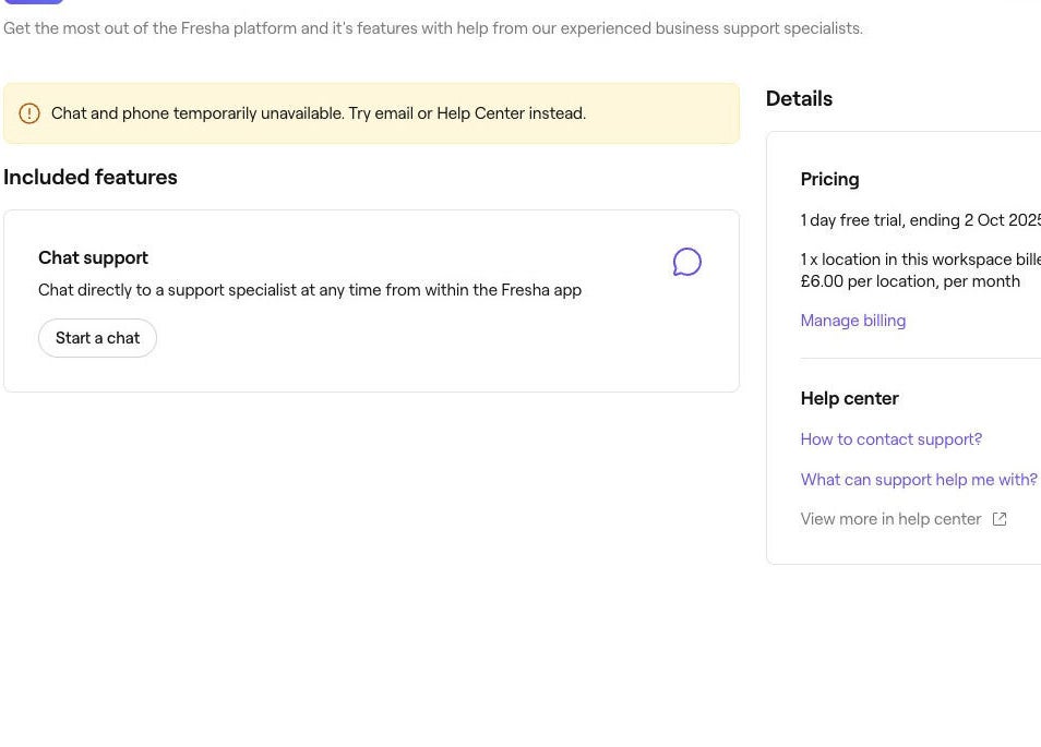 New location's support interface in Sheffield, England, GB showing chat options and pricing details.